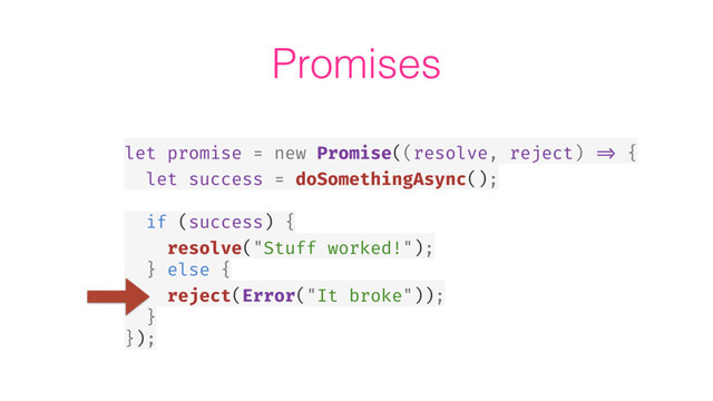 Promises
let promise = new Promise((resolve, reject) => {
let success = doSomethingAsync();
if (success) {
resolve("Stuff worked!");
} else {
reject(Error("It broke"));
}
});
