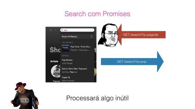 Processará algo inútil
Search com Promises
GET /search?q=pagode
GET /search?q=pop

