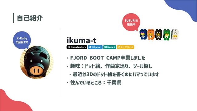 ikuma-t
・FJORD BOOT CAMP卒業しました

・趣味：ドット絵、作曲家巡り、ツール探し

・最近は3Dのドット絵を書くのにハマっています

・住んでいるところ：千葉県
K-Ruby

2回目です
SUZURIで

販売中
  
@ikuma-t ikuma-t セットプチフォッカ
ikuma-t
 IkumaTadokoro
自己紹介
