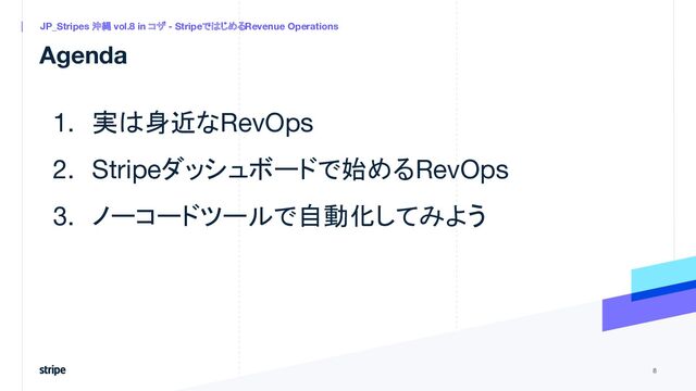 1. 実は身近なRevOps
2. Stripeダッシュボードで始めるRevOps
3. ノーコードツールで自動化してみよう
Agenda
8
JP_Stripes 沖縄 vol.8 in コザ - StripeではじめるRevenue Operations
