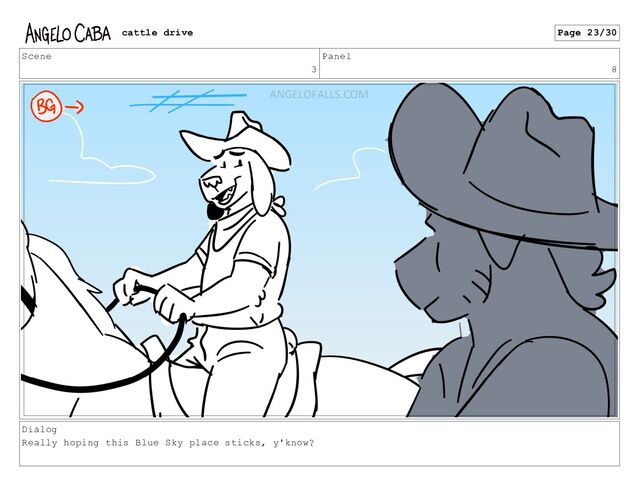 Scene
3
Panel
8
Dialog
Really hoping this Blue Sky place sticks, y'know?
cattle drive Page 23/30
