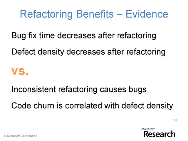 © Microsoft Corporation
Refactoring Benefits – Evidence
Bug fix time decreases after refactoring
Defect density decreases after refactoring
vs.
Inconsistent refactoring causes bugs
Code churn is correlated with defect density
19
