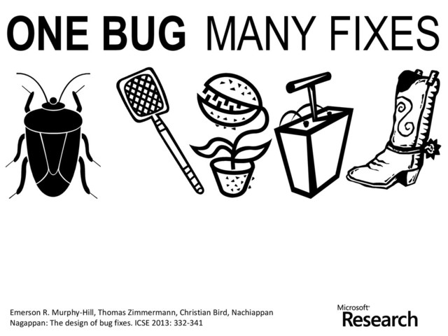 © Microsoft Corporation
ONE BUG MANY FIXES
FIND OUT THE TRUTH ABOUT HOW
SOFTWARE ENGINEERS FIX BUGS
Emerson R. Murphy-Hill, Thomas Zimmermann, Christian Bird, Nachiappan
Nagappan: The design of bug fixes. ICSE 2013: 332-341
