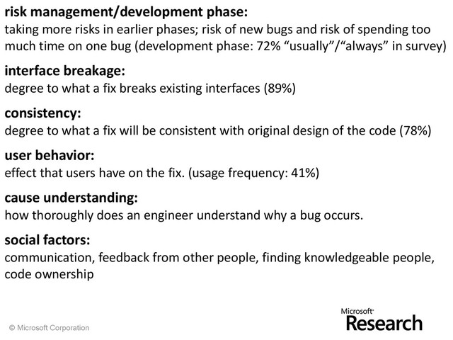 © Microsoft Corporation
risk management/development phase:
taking more risks in earlier phases; risk of new bugs and risk of spending too
much time on one bug (development phase: 72% “usually”/“always” in survey)
interface breakage:
degree to what a fix breaks existing interfaces (89%)
consistency:
degree to what a fix will be consistent with original design of the code (78%)
user behavior:
effect that users have on the fix. (usage frequency: 41%)
cause understanding:
how thoroughly does an engineer understand why a bug occurs.
social factors:
communication, feedback from other people, finding knowledgeable people,
code ownership

