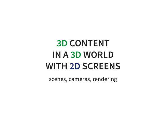 3D CONTENT
IN A 3D WORLD
WITH 2D SCREENS
scenes, cameras, rendering
