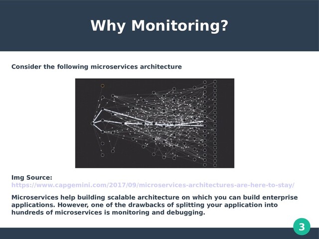 3
Why Monitoring?
Consider the following microservices architecture
Img Source:
https://www.capgemini.com/2017/09/microservices-architectures-are-here-to-stay/
Microservices help building scalable architecture on which you can build enterprise
applications. However, one of the drawbacks of splitting your application into
hundreds of microservices is monitoring and debugging.
