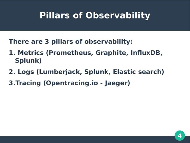 4
Pillars of Observability
There are 3 pillars of observability:
1. Metrics (Prometheus, Graphite, InfluxDB,
Splunk)
2. Logs (Lumberjack, Splunk, Elastic search)
3.Tracing (Opentracing.io - Jaeger)
