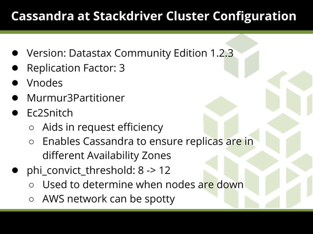 Cassandra at Stackdriver Cluster Configuration
● Version: Datastax Community Edition 1.2.3
● Replication Factor: 3
● Vnodes
● Murmur3Partitioner
● Ec2Snitch
○ Aids in request efficiency
○ Enables Cassandra to ensure replicas are in
different Availability Zones
● phi_convict_threshold: 8 -> 12
○ Used to determine when nodes are down
○ AWS network can be spotty
