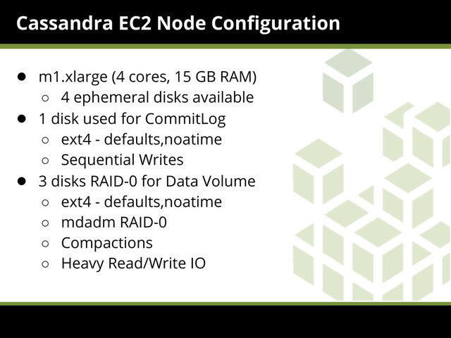Cassandra EC2 Node Configuration
● m1.xlarge (4 cores, 15 GB RAM)
○ 4 ephemeral disks available
● 1 disk used for CommitLog
○ ext4 - defaults,noatime
○ Sequential Writes
● 3 disks RAID-0 for Data Volume
○ ext4 - defaults,noatime
○ mdadm RAID-0
○ Compactions
○ Heavy Read/Write IO
