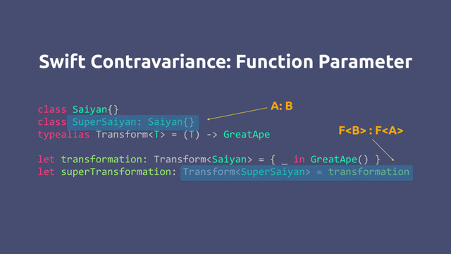 Swift Contravariance: Function Parameter
class Saiyan{}
class SuperSaiyan: Saiyan{}
typealias Transform = (T) -> GreatApe
let transformation: Transform = { _ in GreatApe() }
let superTransformation: Transform = transformation
A: B
F<b> : F<a>
</a></b>