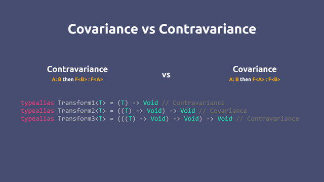 Contravariance Covariance
A: B then F<b> : F<a> A: B then F</a><a> : F<b>
Covariance vs Contravariance
typealias Transform1 = (T) -> Void // Contravariance
typealias Transform2 = ((T) -> Void) -> Void // Covariance
typealias Transform3 = (((T) -> Void) -> Void) -> Void // Contravariance
vs
</b></a></b>