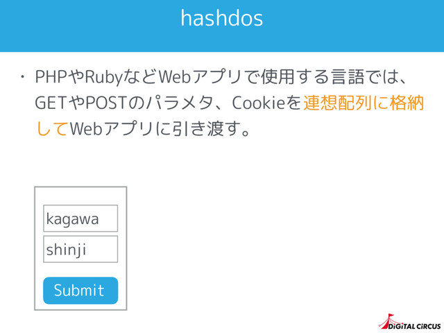 hashdos
• PHPやRubyなどWebアプリで使用する言語では、
GETやPOSTのパラメタ、Cookieを連想配列に格納
してWebアプリに引き渡す。
kagawa
shinji
Submit
