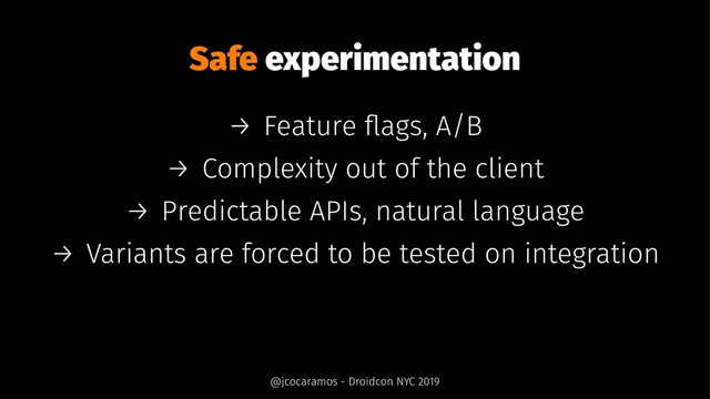 Safe experimentation
→ Feature ﬂags, A/B
→ Complexity out of the client
→ Predictable APIs, natural language
→ Variants are forced to be tested on integration
@jcocaramos - Droidcon NYC 2019
