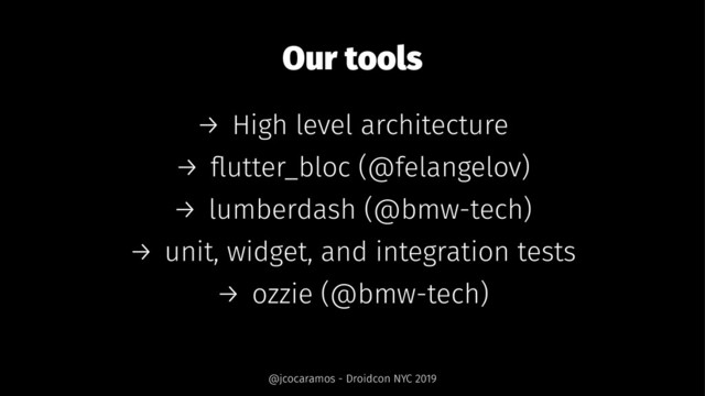 Our tools
→ High level architecture
→ ﬂutter_bloc (@felangelov)
→ lumberdash (@bmw-tech)
→ unit, widget, and integration tests
→ ozzie (@bmw-tech)
@jcocaramos - Droidcon NYC 2019
