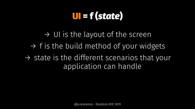 UI = f (state)
→ UI is the layout of the screen
→ f is the build method of your widgets
→ state is the different scenarios that your
application can handle
@jcocaramos - Droidcon NYC 2019
