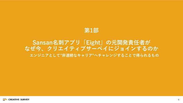 第1部
Sansan名刺アプリ「Eight」の元開発責任者が
なぜ今、クリエイティブサーベイにジョインするのか
エンジニアとして"非連続なキャリア"へチャレンジすることで得られるもの
5
