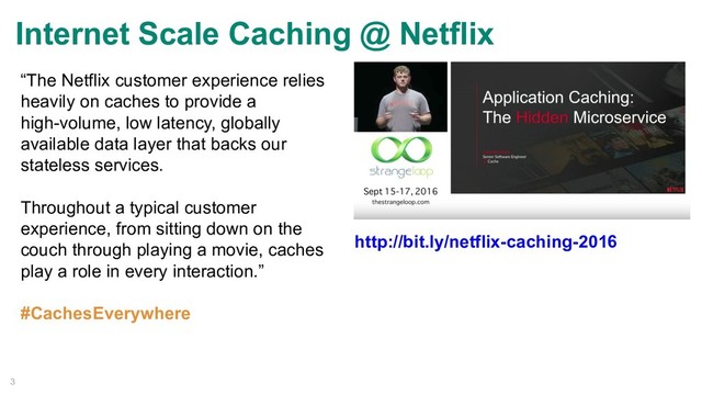 Internet Scale Caching @ Netflix
3
“The Netflix customer experience relies
heavily on caches to provide a
high-volume, low latency, globally
available data layer that backs our
stateless services.
Throughout a typical customer
experience, from sitting down on the
couch through playing a movie, caches
play a role in every interaction.”
#CachesEverywhere
http://bit.ly/netflix-caching-2016
