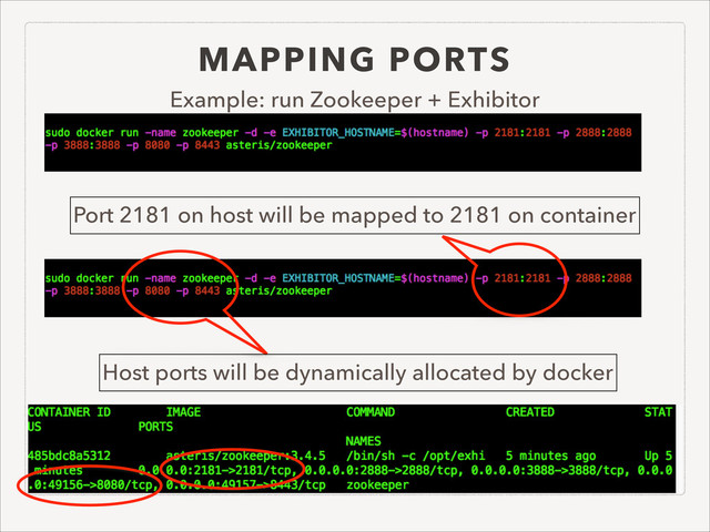 MAPPING PORTS
Example: run Zookeeper + Exhibitor
Host ports will be dynamically allocated by docker
Port 2181 on host will be mapped to 2181 on container

