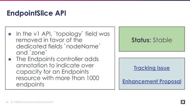 © 2020 Cloud Native Computing Foundation
43
EndpointSlice API
● In the v1 API, `topology` field was
removed in favor of the
dedicated fields `nodeName`
and `zone`
● The Endpoints controller adds
annotation to indicate over
capacity for an Endpoints
resource with more than 1000
endpoints
Tracking Issue
Enhancement Proposal
Status: Stable
