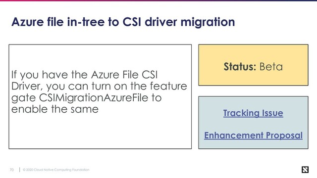 © 2020 Cloud Native Computing Foundation
70
Azure file in-tree to CSI driver migration
If you have the Azure File CSI
Driver, you can turn on the feature
gate CSIMigrationAzureFile to
enable the same
Status: Alpha
Tracking Issue
Enhancement Proposal
Status: Beta

