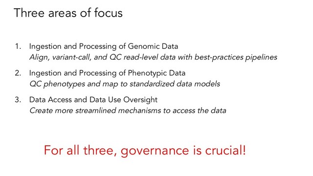Three areas of focus
1. Ingestion and Processing of Genomic Data
Align, variant-call, and QC read-level data with best-practices pipelines
2. Ingestion and Processing of Phenotypic Data
QC phenotypes and map to standardized data models
3. Data Access and Data Use Oversight
Create more streamlined mechanisms to access the data
For all three, governance is crucial!
