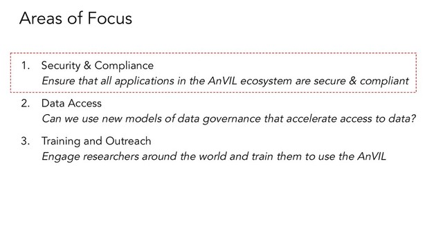 Areas of Focus
1. Security & Compliance
Ensure that all applications in the AnVIL ecosystem are secure & compliant
2. Data Access
Can we use new models of data governance that accelerate access to data?
3. Training and Outreach
Engage researchers around the world and train them to use the AnVIL
