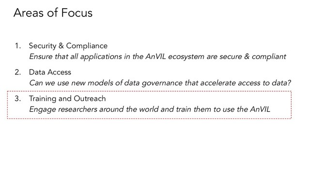Areas of Focus
1. Security & Compliance
Ensure that all applications in the AnVIL ecosystem are secure & compliant
2. Data Access
Can we use new models of data governance that accelerate access to data?
3. Training and Outreach
Engage researchers around the world and train them to use the AnVIL
