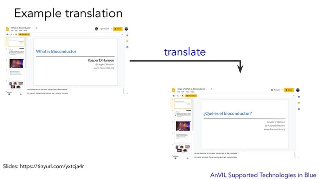 Example translation
AnVIL Supported Technologies in Blue
translate
Slides: https://tinyurl.com/yxtcja4r
