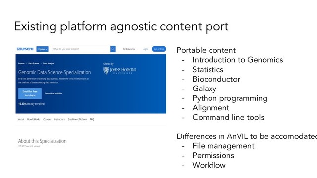 Existing platform agnostic content port
Portable content
- Introduction to Genomics
- Statistics
- Bioconductor
- Galaxy
- Python programming
- Alignment
- Command line tools
Differences in AnVIL to be accomodated
- File management
- Permissions
- Workﬂow
