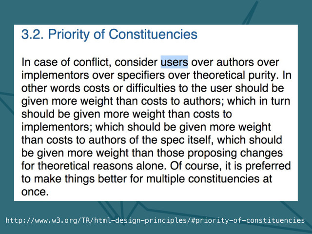 http://www.w3.org/TR/html-design-principles/#priority-of-constituencies
