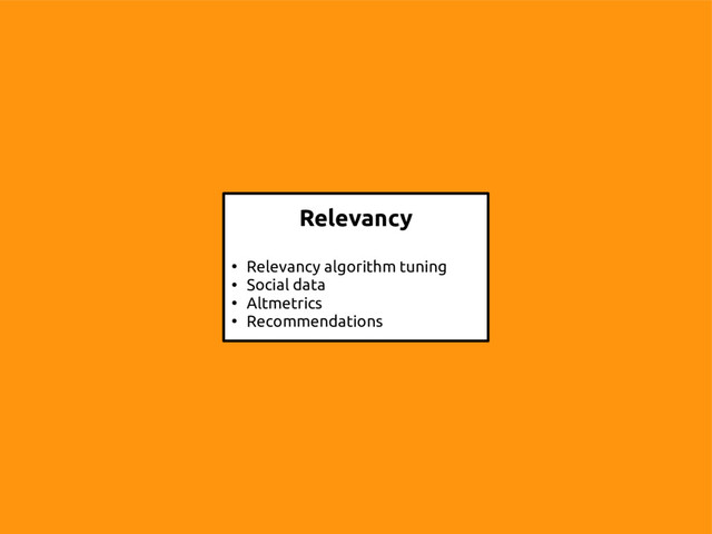 13
Relevancy
●
Relevancy algorithm tuning
●
Social data
●
Altmetrics
●
Recommendations
