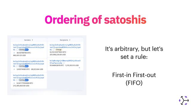 Ordering of satoshis
It's arbitrary, but let's
 
set a rule:
 
First-in First-out
 
(FIFO)
