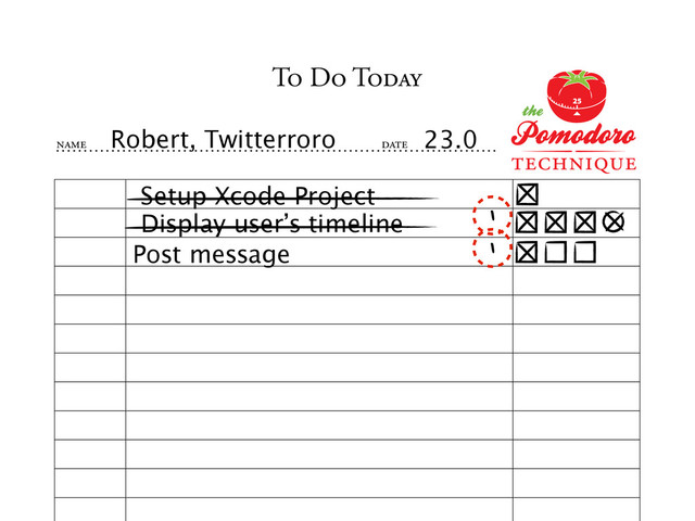 TO DO TODAY
NAME DATE
Robert, Twitterroro 23.0
Setup Xcode Project
Display user’s timeline
Post message
