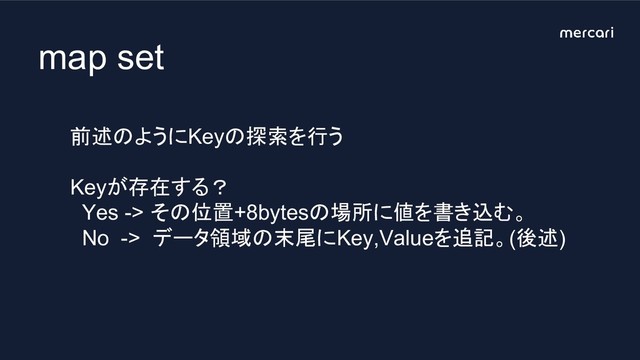 map set
前述のようにKeyの探索を行う
Keyが存在する？
Yes -> その位置+8bytesの場所に値を書き込む。
No -> データ領域の末尾にKey,Valueを追記。(後述)
