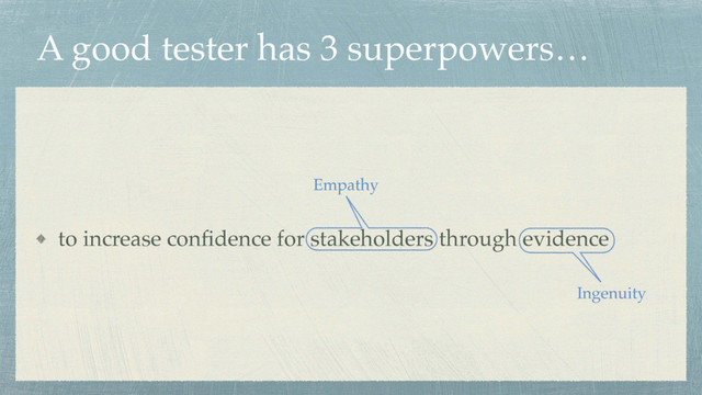 A good tester has 3 superpowers…
to increase conﬁdence for stakeholders through evidence
Empathy
Ingenuity

