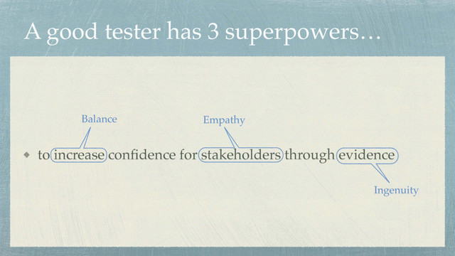 A good tester has 3 superpowers…
to increase conﬁdence for stakeholders through evidence
Empathy
Balance
Ingenuity
