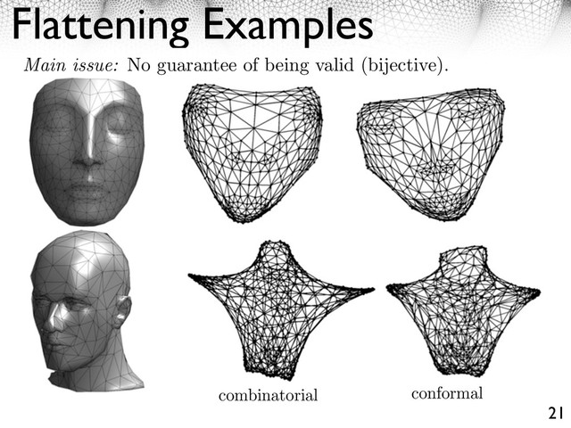 Flattening Examples
21
Main issue: No guarantee of being valid (bijective).
conformal
combinatorial
