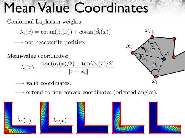 Mean Value Coordinates
24
x
xi+1
xi
xi
i
˜
i ˜
i
i
Conformal Laplacian weights:
⇥i
(x) = cotan(
i
(x)) + cotan(˜
i
(x))
Mean-value coordinates:
not necessarily positive.
valid coordinates.
extend to non-convex coordinates (oriented angles).
⇥i
(x) =
tan(
i
(x)/2) + tan(˜
i
(x)/2)
||x xi
||
˜
1
(x) ˜
2
(x)
