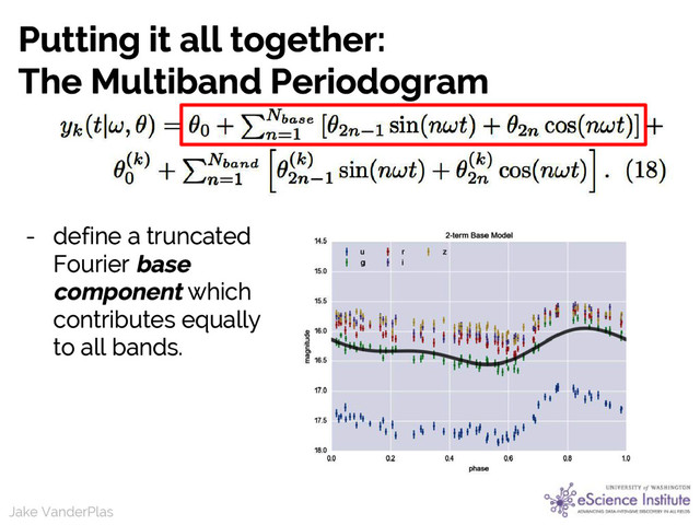 Jake VanderPlas
Jake VanderPlas
Putting it all together:
The Multiband Periodogram
- define a truncated
Fourier base
component which
contributes equally
to all bands.
