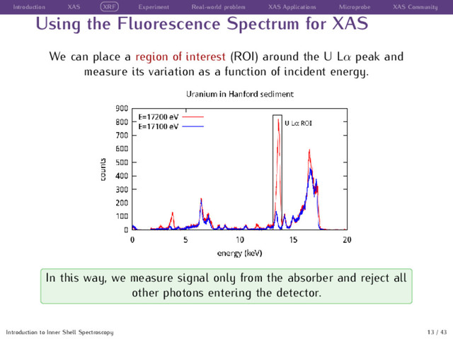 Introduction XAS XRF Experiment Real-world problem XAS Applications Microprobe XAS Community
Using the Fluorescence Spectrum for XAS
We can place a region of interest (ROI) around the U Lα peak and
measure its variation as a function of incident energy.
In this way, we measure signal only from the absorber and reject all
other photons entering the detector.
Introduction to Inner Shell Spectroscopy 13 / 43
