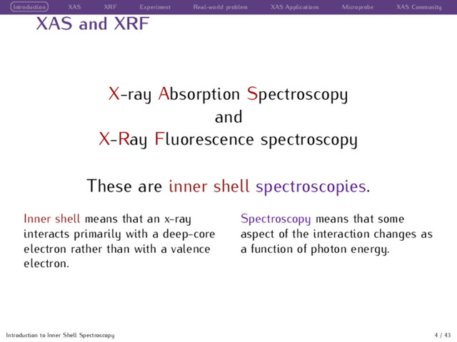 Introduction XAS XRF Experiment Real-world problem XAS Applications Microprobe XAS Community
XAS and XRF
X-ray Absorption Spectroscopy
and
X-Ray Fluorescence spectroscopy
These are inner shell spectroscopies.
Inner shell means that an x-ray
interacts primarily with a deep-core
electron rather than with a valence
electron.
Spectroscopy means that some
aspect of the interaction changes as
a function of photon energy.
Introduction to Inner Shell Spectroscopy 4 / 43
