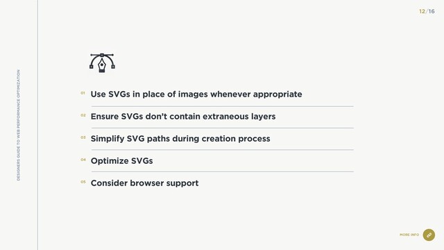 DESIGNERS GUIDE TO WEB PERFORMANCE OPTIMIZATION
MORE INFO
Use SVGs in place of images whenever appropriate
Ensure SVGs don’t contain extraneous layers
Simplify SVG paths during creation process
Optimize SVGs
Consider browser support
01
02
03
04
05
12/16
