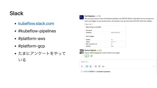Slack
kubeflow.slack.com
#kubeflow-pipelines
#platform-aws
#platform-gcp
たまにアンケートをやって
いる
