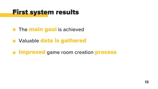 First system results
13
The main goal is achieved
Valuable data is gathered
Improved game room creation process
