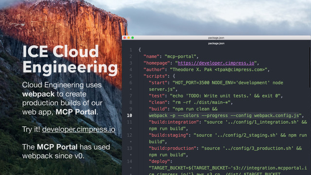 ICE Cloud
Engineering
Cloud Engineering uses
webpack to create
production builds of our
web app, MCP Portal.

Try it! developer.cimpress.io

The MCP Portal has used
webpack since v0.
