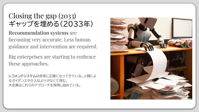 Closing the gap (2033)
ギャップを埋める（2033年）
Recommendation systems are
becoming very accurate. Less human
guidance and intervention are required.
Big enterprises are starting to embrace
these approaches.
レコメンドシステムは非常に正確になってきている。人間によ
るガイダンスや介入はより少なくて済む。
大企業はこれらのアプローチを採用し始めている。
