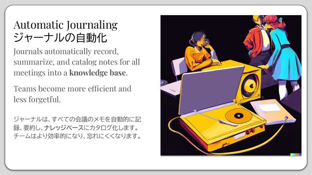 Automatic Journaling
ジャーナルの自動化
Journals automatically record,
summarize, and catalog notes for all
meetings into a knowledge base.
Teams become more efficient and
less forgetful.
ジャーナルは、すべての会議のメモを自動的に記
録、要約し、ナレッジベースにカタログ化します。
チームはより効率的になり、忘れにくくなります。
