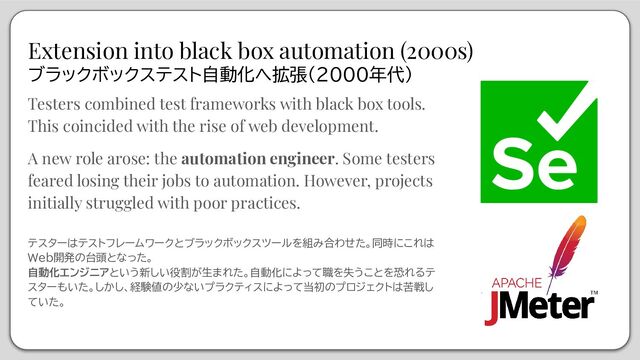 Extension into black box automation (2000s)
ブラックボックステスト自動化へ拡張(2000年代)
Testers combined test frameworks with black box tools.
This coincided with the rise of web development.
A new role arose: the automation engineer. Some testers
feared losing their jobs to automation. However, projects
initially struggled with poor practices.
テスターはテストフレームワークとブラックボックスツールを組み合わせた。同時にこれは
Web開発の台頭となった。
自動化エンジニアという新しい役割が生まれた。自動化によって職を失うことを恐れるテ
スターもいた。しかし、経験値の少ないプラクティスによって当初のプロジェクトは苦戦し
ていた。
