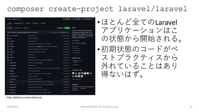 composer create-project laravel/laravel
•ほとんど全てのLaravel
アプリケーションはこ
の状態から開始される。
•初期状態のコードがベ
ストプラクティスから
外れていることはあり
得ないはず。
19
https://github.com/laravel/laravel
2023/3/25 PHPerKaigi 2023 / Dr. Strange Laravel
