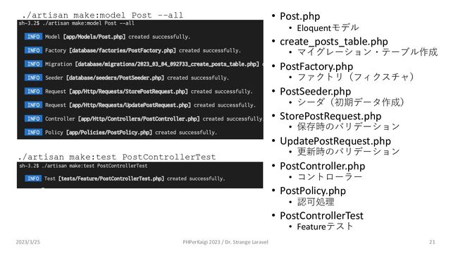 • Post.php
• Eloquentモデル
• create_posts_table.php
• マイグレーション・テーブル作成
• PostFactory.php
• ファクトリ（フィクスチャ）
• PostSeeder.php
• シーダ（初期データ作成）
• StorePostRequest.php
• 保存時のバリデーション
• UpdatePostRequest.php
• 更新時のバリデーション
• PostController.php
• コントローラー
• PostPolicy.php
• 認可処理
• PostControllerTest
• Featureテスト
21
./artisan make:model Post --all
./artisan make:test PostControllerTest
2023/3/25 PHPerKaigi 2023 / Dr. Strange Laravel
